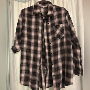 Small flannel shacket dress. Black and white button down
